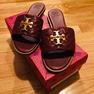 Tory Burch Everly Slide Sandals, Quilted Nappa Leather, Roma Red, size 10.